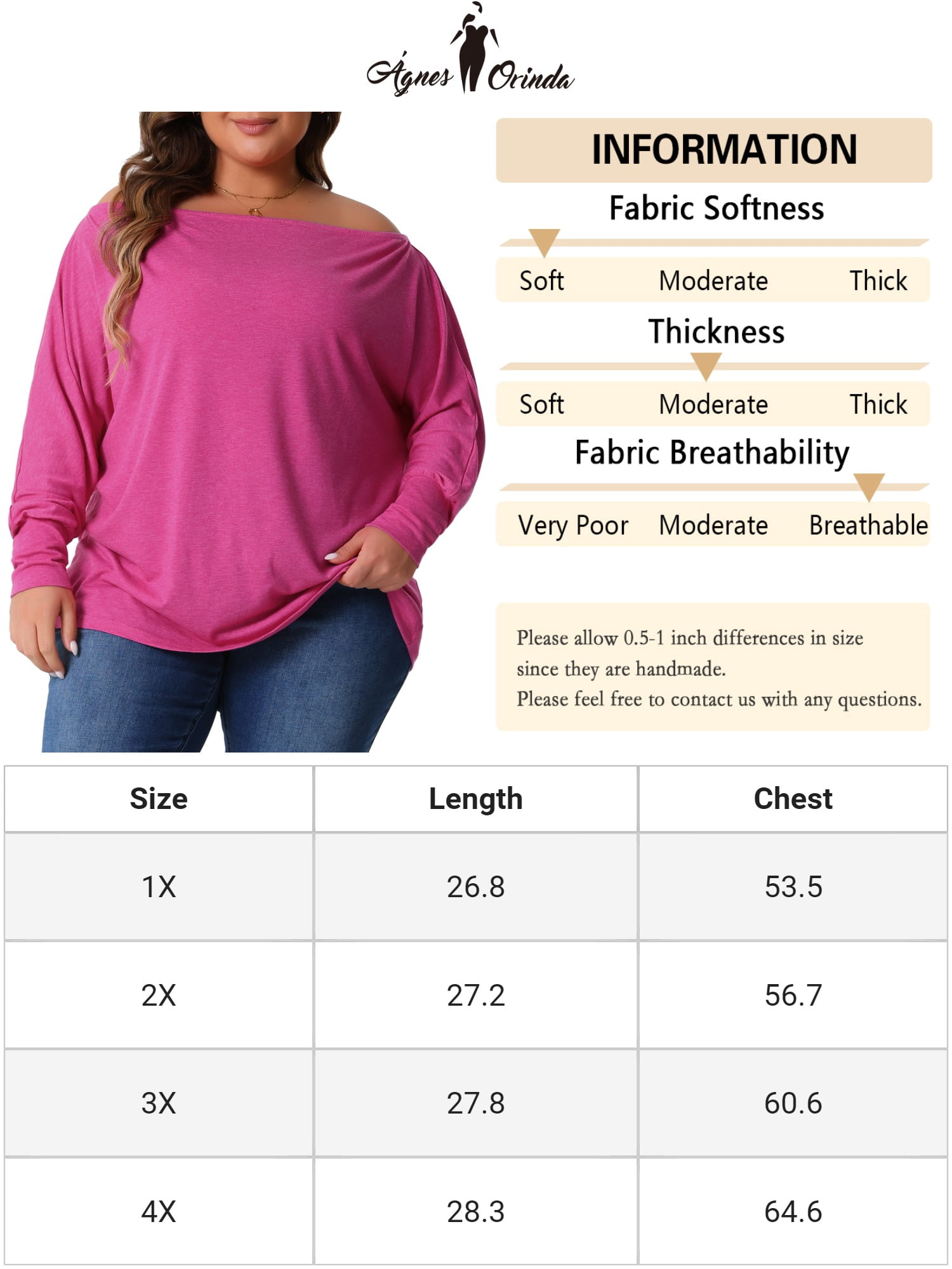 DARING DIVA Women's Plus Tops Basic Blouses Dolman Tops Tee Shirts 1X Hot Pink