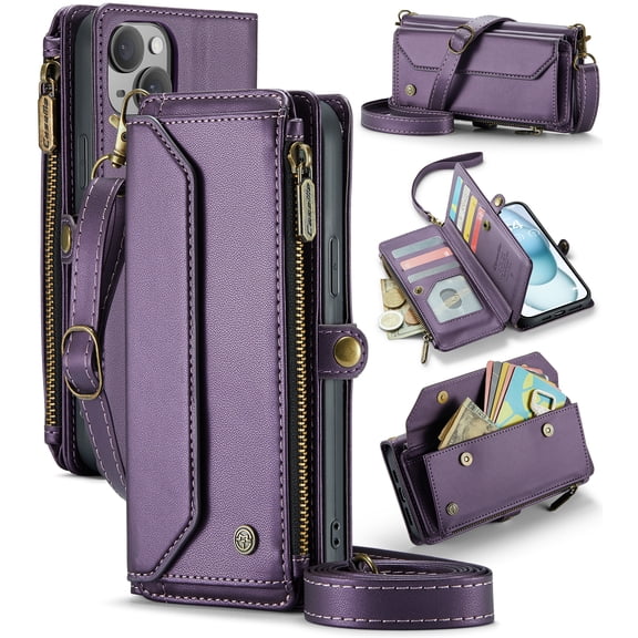 For iPhone 15 Plus Crossbody Wallet Case with Card Slots Zipper Pocket,PU Leather Magnetic Flip Folio Wristlet Shoulder Strap 3-in-1 Crossbody Phone Case Wallet for Women Men,Purple