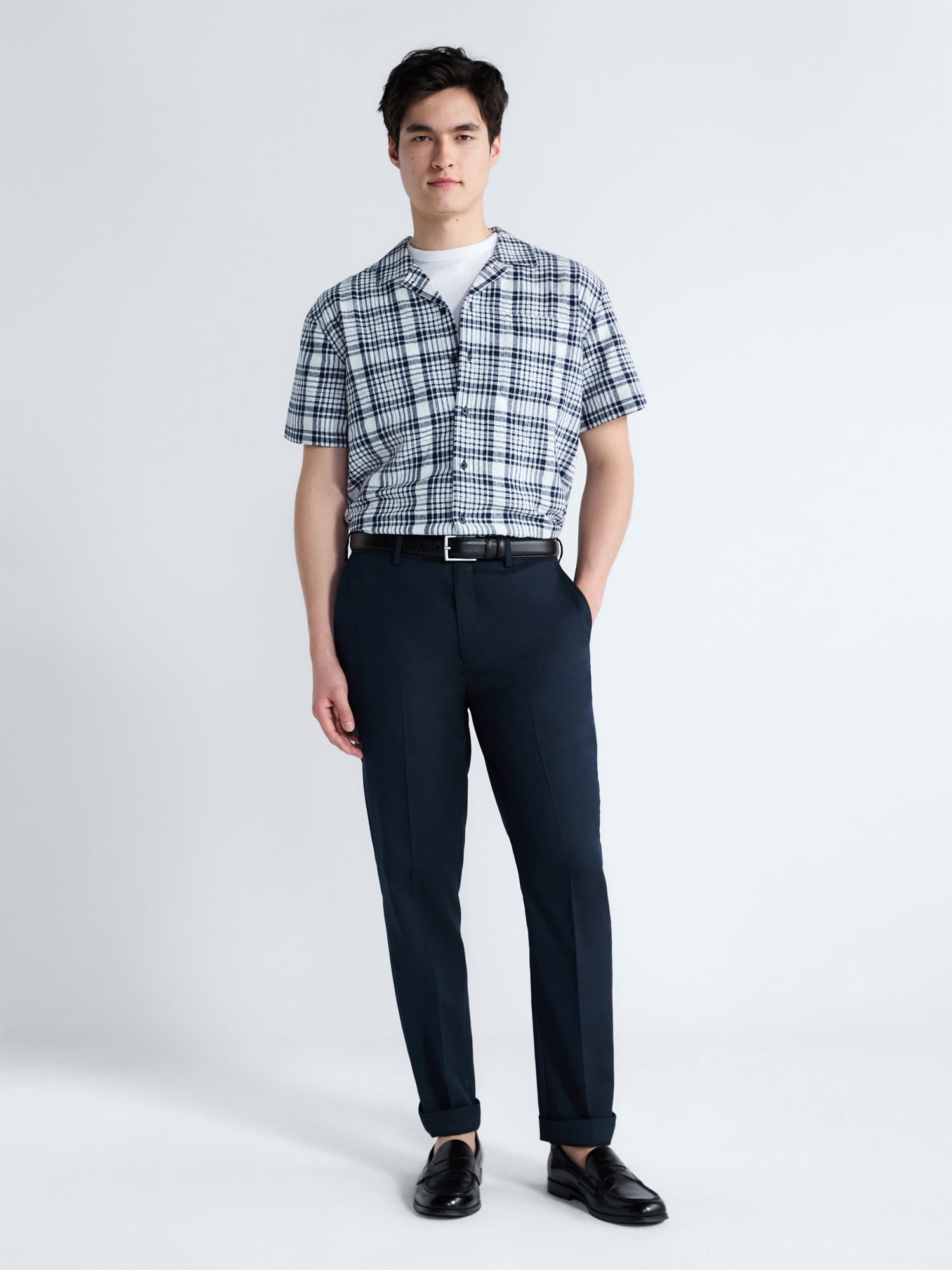 Free Assembly Men's Plaid Cotton Dobby Camp Shirt with Short Sleeves, Sizes XS-3XL