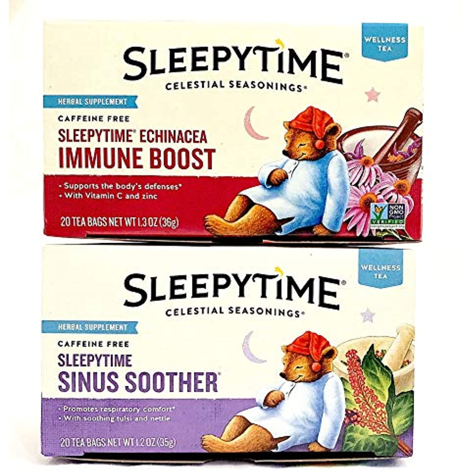 Celestial Seasonings Sleepytime Wellness Tea - Variety Bundle With 2 Boxes; Echinacea Immune Boost (20 Tea Bags) And Sinus Soother (20 Tea Bags)