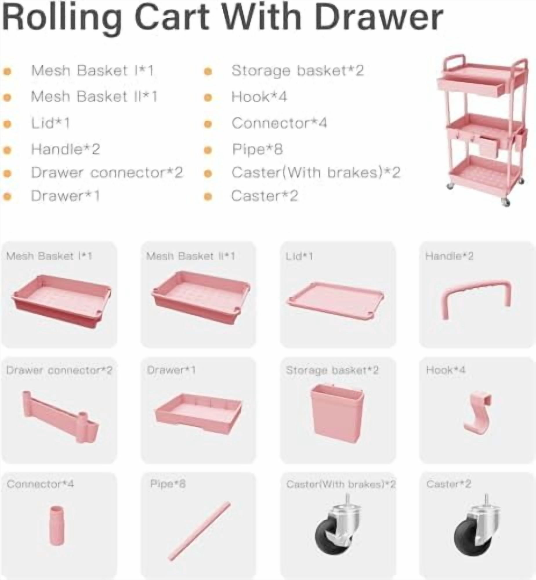 3 Tier Rolling Cart Organizer,Laundry Room Bathroom Organizers and Storage Office Shelves Mobile Shelving Unit Kitchen Trolley Cart with Wheels for Art,Craft,Diaper,Bedside,Snack(Pink)