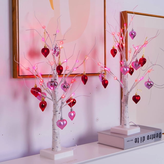 Decoración de San Valentín Efunly: árbol de abedul iluminado de 61 cm, USB y pilas