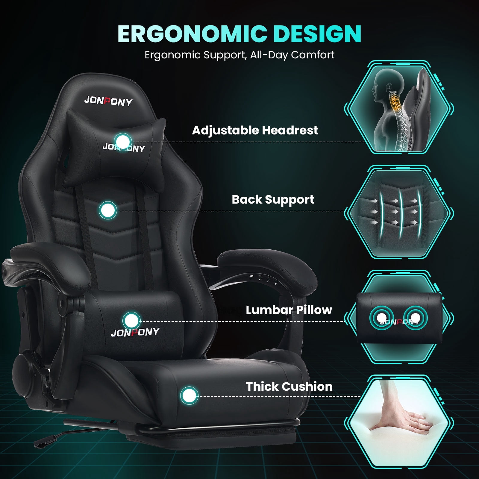 JONPONY Big and Tall 500LBS Gaming Chair, Ergonomic High Back Gamer Chair with Footrest Lumbar Support, PU Leather Office Computer Chair for Long Sitting, Black