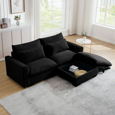Miekor Furniture Sectional Sofa Comfy Corduroy Couch For Living Room With Pillows And Round Armrests, Modern Corduroy Sofa Sleeper Deep Couches With Storage Ottoman (Black, 2-Seat) 00848