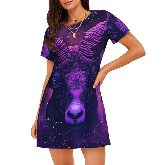 Balery Purple Starry Sky Antelope Camisón de manga corta con cuello redondo para mujer, cómodo y elegante.