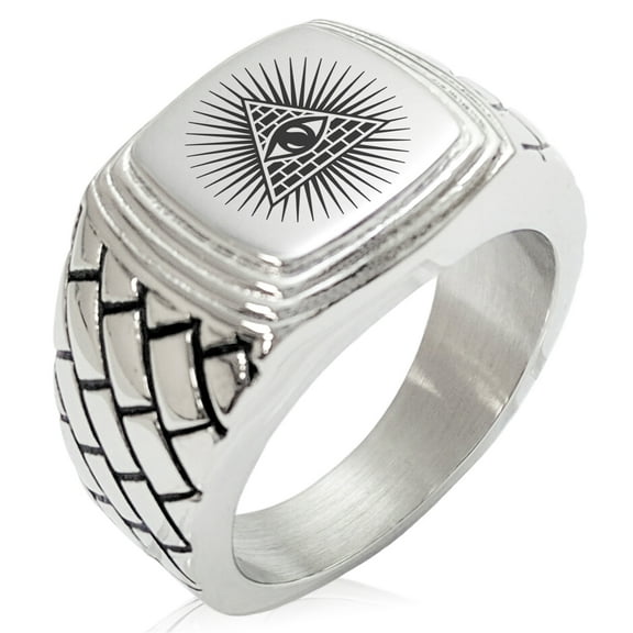 Stainless Steel All Seeing Eye of Providence Geometric Pattern Step-Down Biker Style Polished Ring