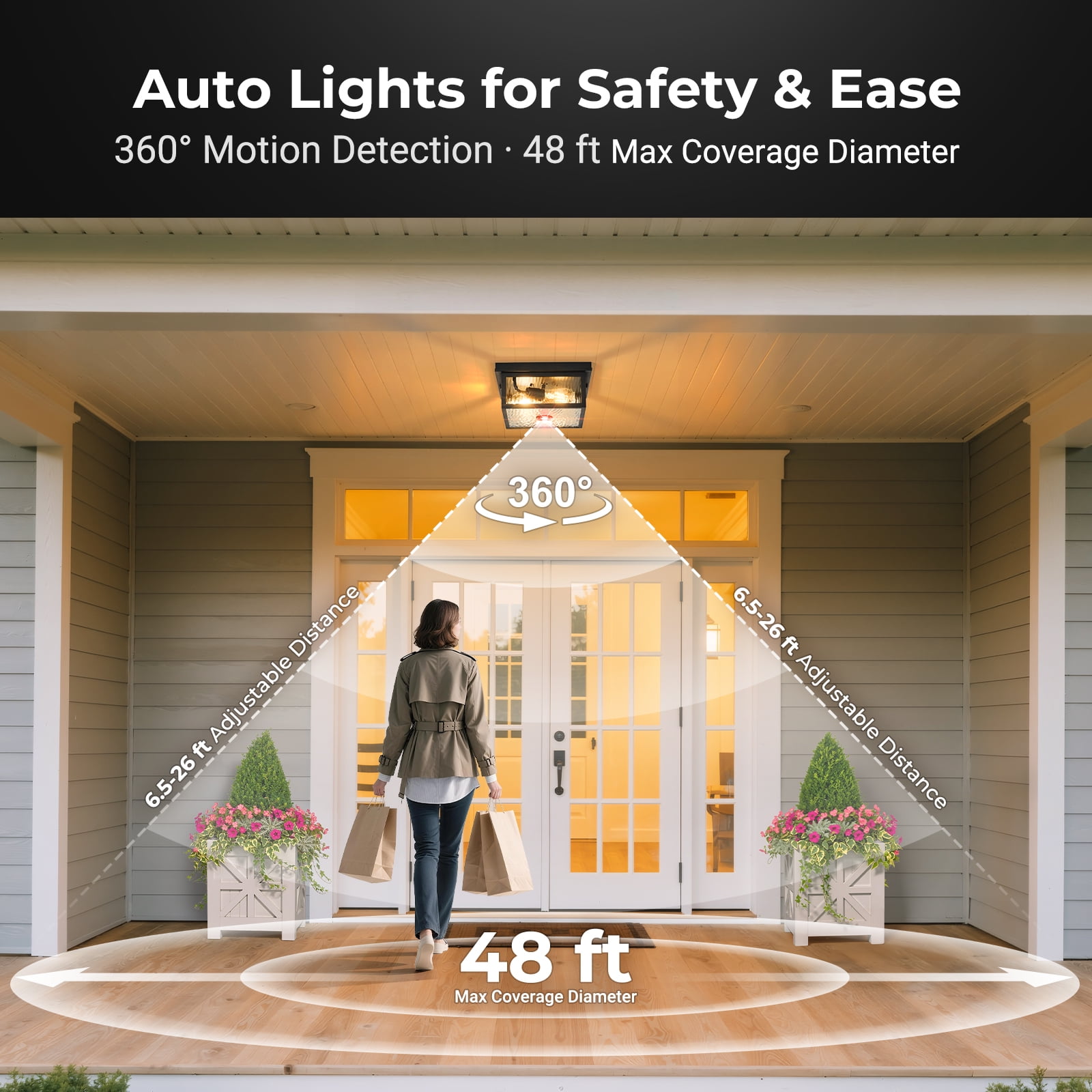 VIANIS Black Motion Sensor Outdoor Ceiling Light with Remote Control, Flush Mount Ceiling Lighting for Porch, Entryway, Adjustable Distance Time, 5 Modes, 2-Light