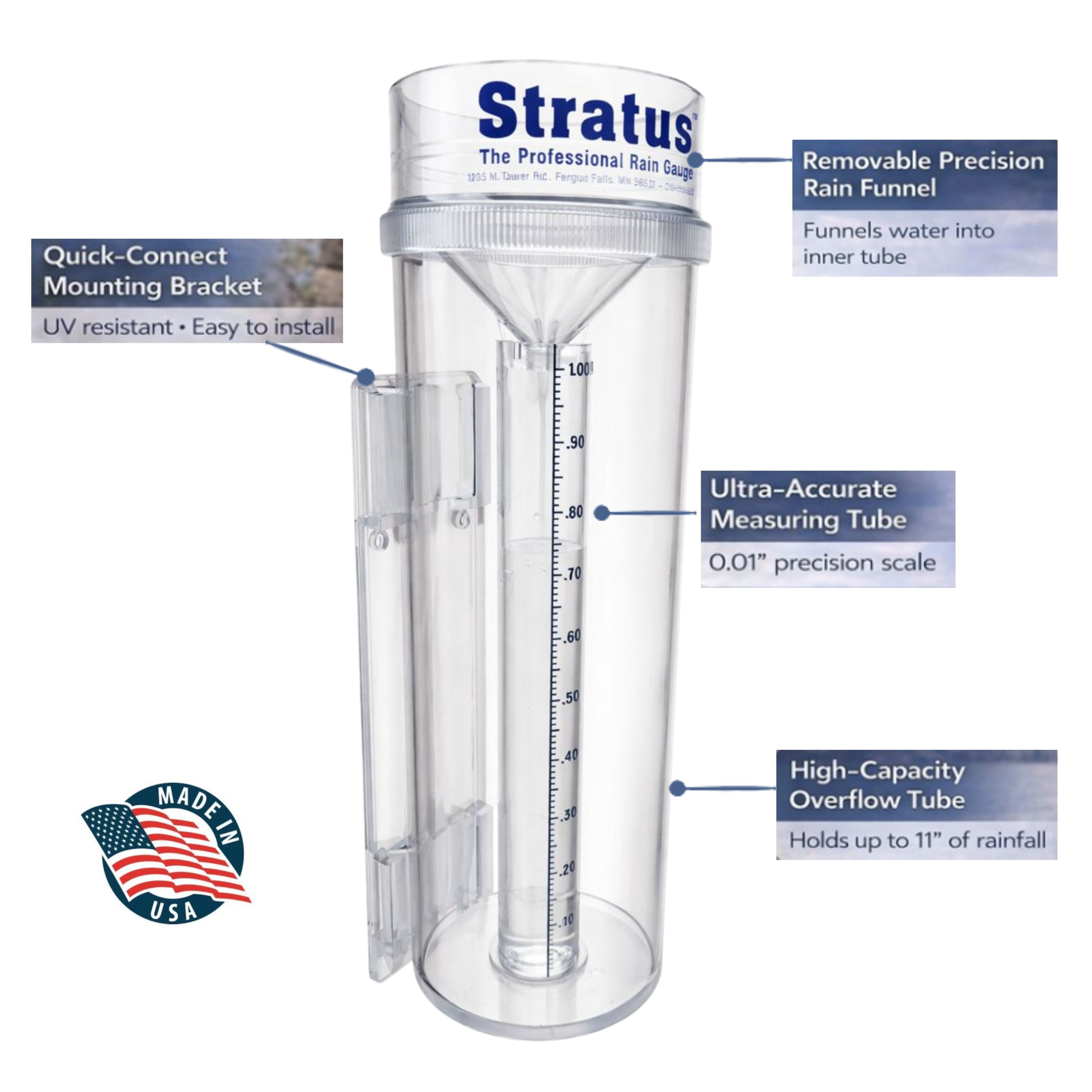 Stratus Precision Rain Gauge – Professional 0.01" Accuracy, All-Weather, Made in USA