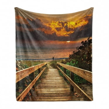 Landscape Soft Flannel Fleece Throw Blanket, Wooden Pier to the Calm Idyllic Beach with Herbs and Bushes at Sunset Sea, Cozy Plush for Indoor and Outdoor Use, 50" x 70", Multicolor, by Ambesonne
