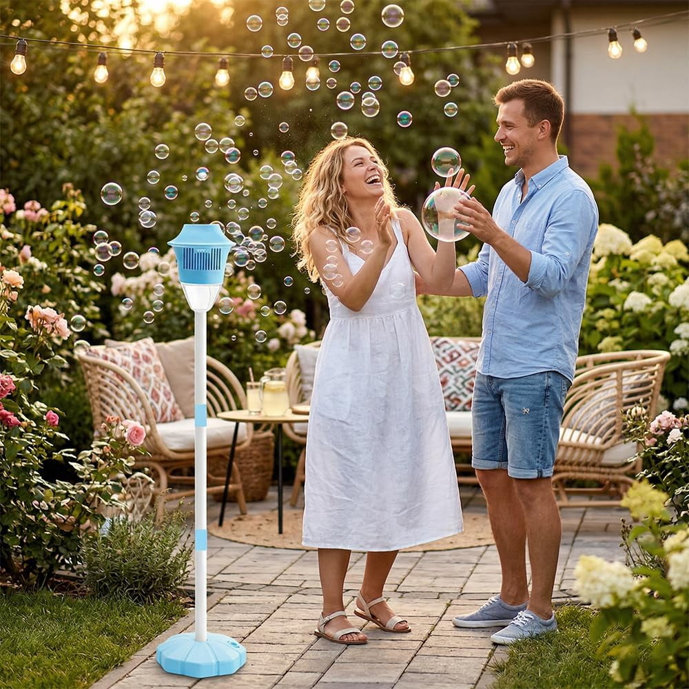 Standing Automatic Bubble Machine with Light: Rechargeable Bubble Tower with Music - 3 Adjustable Heights Street Lamp Bubbles Maker for Outdoor Garden, Patio, Wedding, Party (red & Blue)