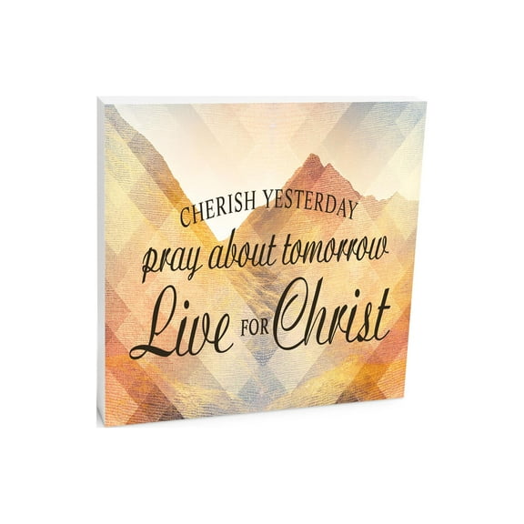 Pray Live For Him Yellow Orange Mountains 10 x 10 Wood Tabletop Sign Plaque