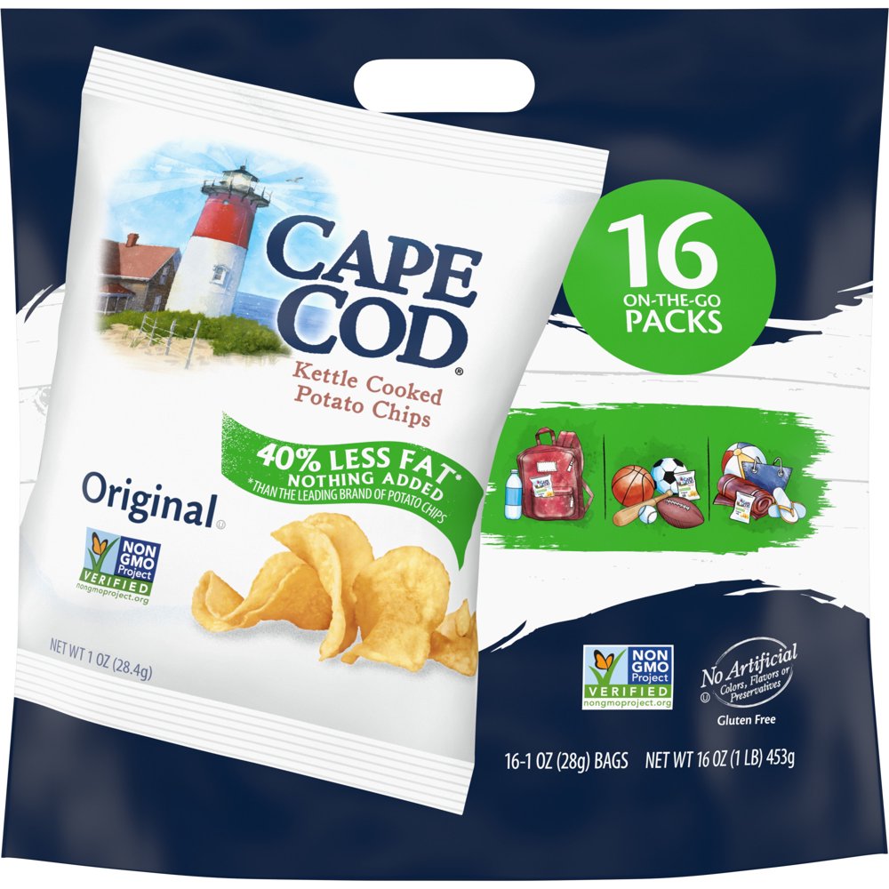 Cape Cod Potato Chips, Original Less Fat Kettle Chips, 16ct Snack Bags
