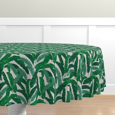 

Cotton Sateen Tablecloth 90 Round - French Banana Leaf Jungle Tropical Green Modern Print Custom Table Linens by Spoonflower