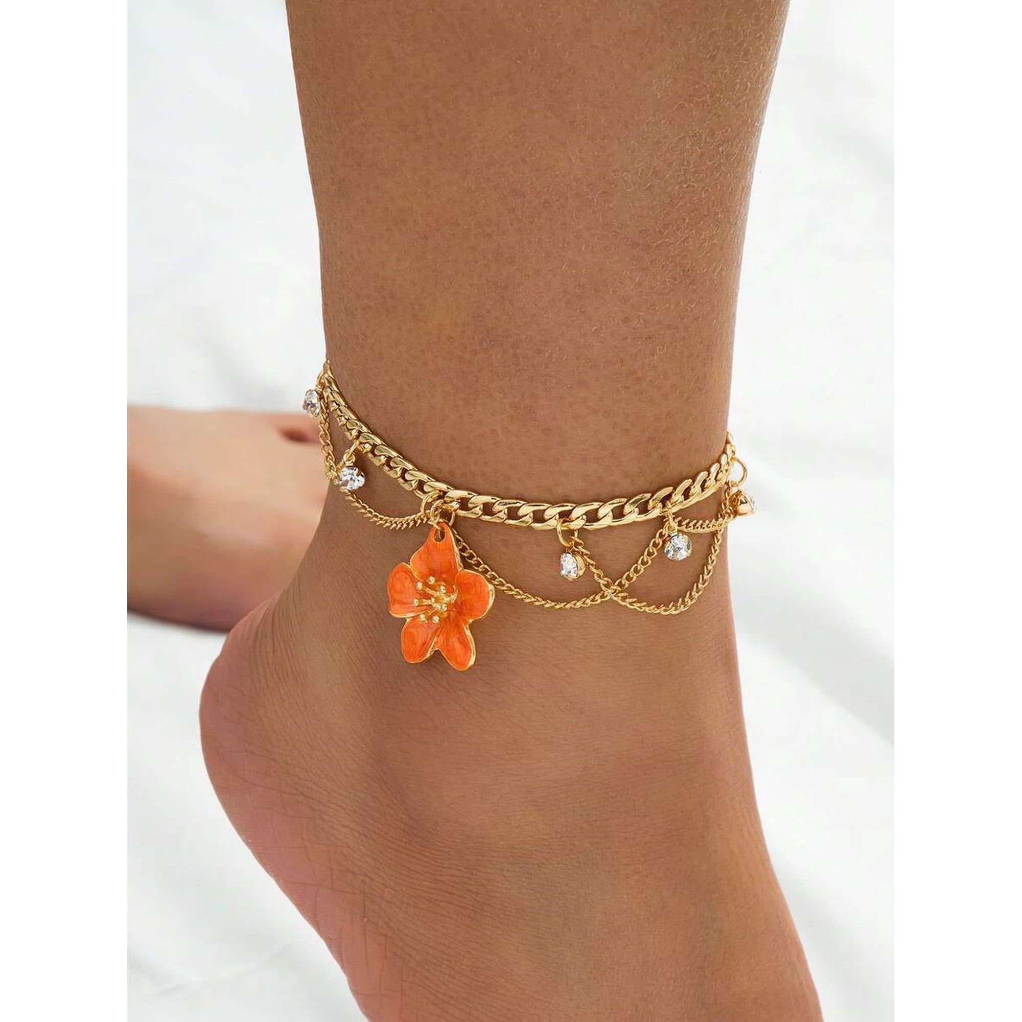 Multilayer Goldtone Anklet With Orange-2 Enamel Flower Charm And Crystal