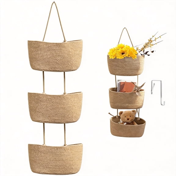 3-Tier Over the Door Hanging Basket, Woven Cotton Rope Wall Storage Organizer, Decorative Jute Hanging Baskets for Nursery, Bathroom, and Closet, Off-White & Natural