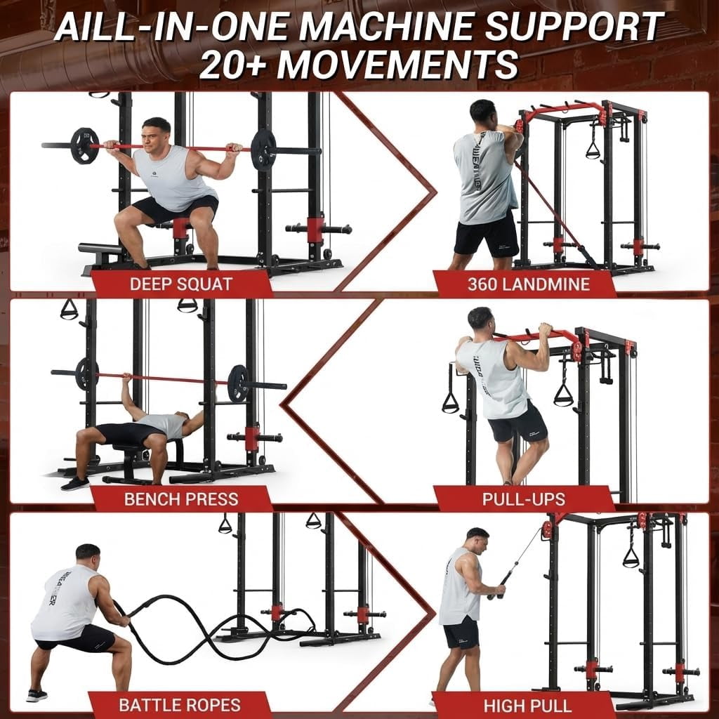 JoanKaren Power Rack Cage,2000lbs Capacity Weight Rack with Adjustable Cable Crossover Machine,Multi-Function Squat Rack with J Hooks,Dip Bars and Landmine,Balck&Red