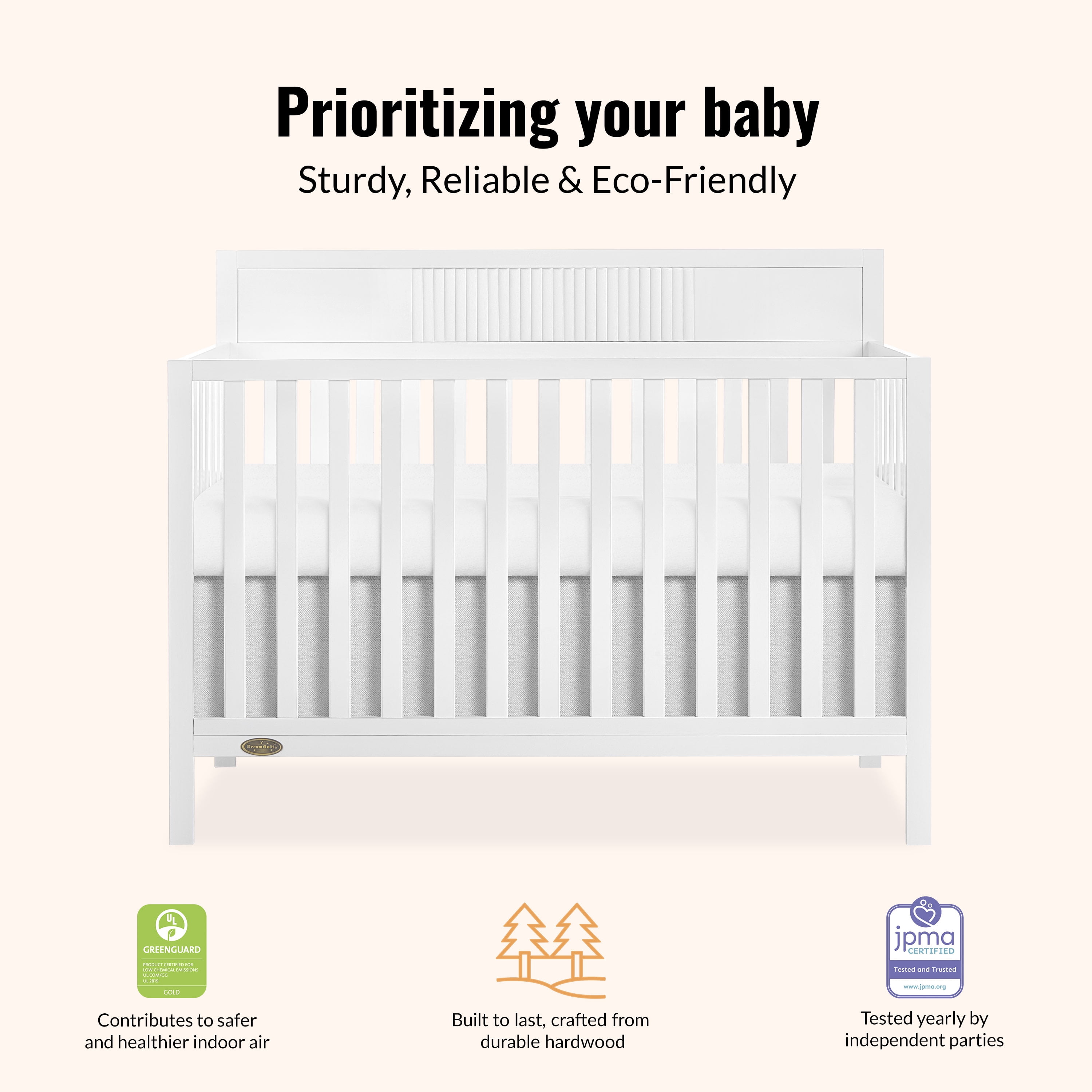 Dream On Me Ivy 5-in-1 Convertible Crib in White with Free Crib Mattress