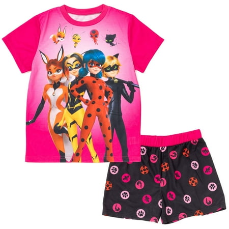 

Miraculous Cat Noir Ladybug Rena Rouge Little Girls Pajama Shirt Shorts Black/Pink 5-6