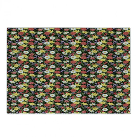 Flower Cutting Board, Colorful Spring Flowers Blossomed Daisy and Wild Flowers Botanical Texture, Decorative Tempered Glass Cutting and Serving Board, in 3 Sizes, by Ambesonne
