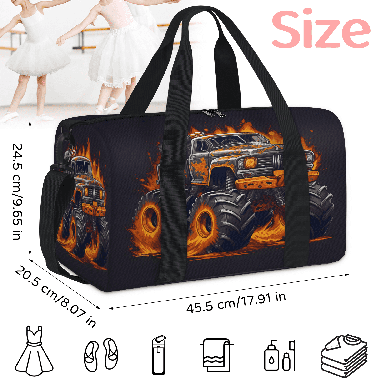 Herdesigns Fiery Monster Car Gym Bag for Women, Duffle Bag for Travel Sport, Lightweight Waterproof Carry on Weekender Overnight Dance Yoga Workout Bags