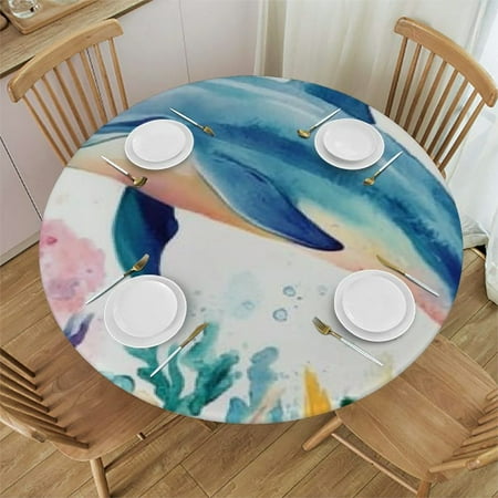 

Sheronv Dolphin Sea Life Watercolor Round Table Cover Stain Resistant and Washable for Indoor Outdoor Kitchen Dining Wedding Parties 100% Polyester with Elastic Edge Tablecloth 46 -50
