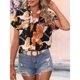 thumbnail image 5 of Mujeres camisa de manga corta V cuello rollo dobladillo puños blusa impresión decoración niñas verano Top negro impresión XXL, 5 of 8