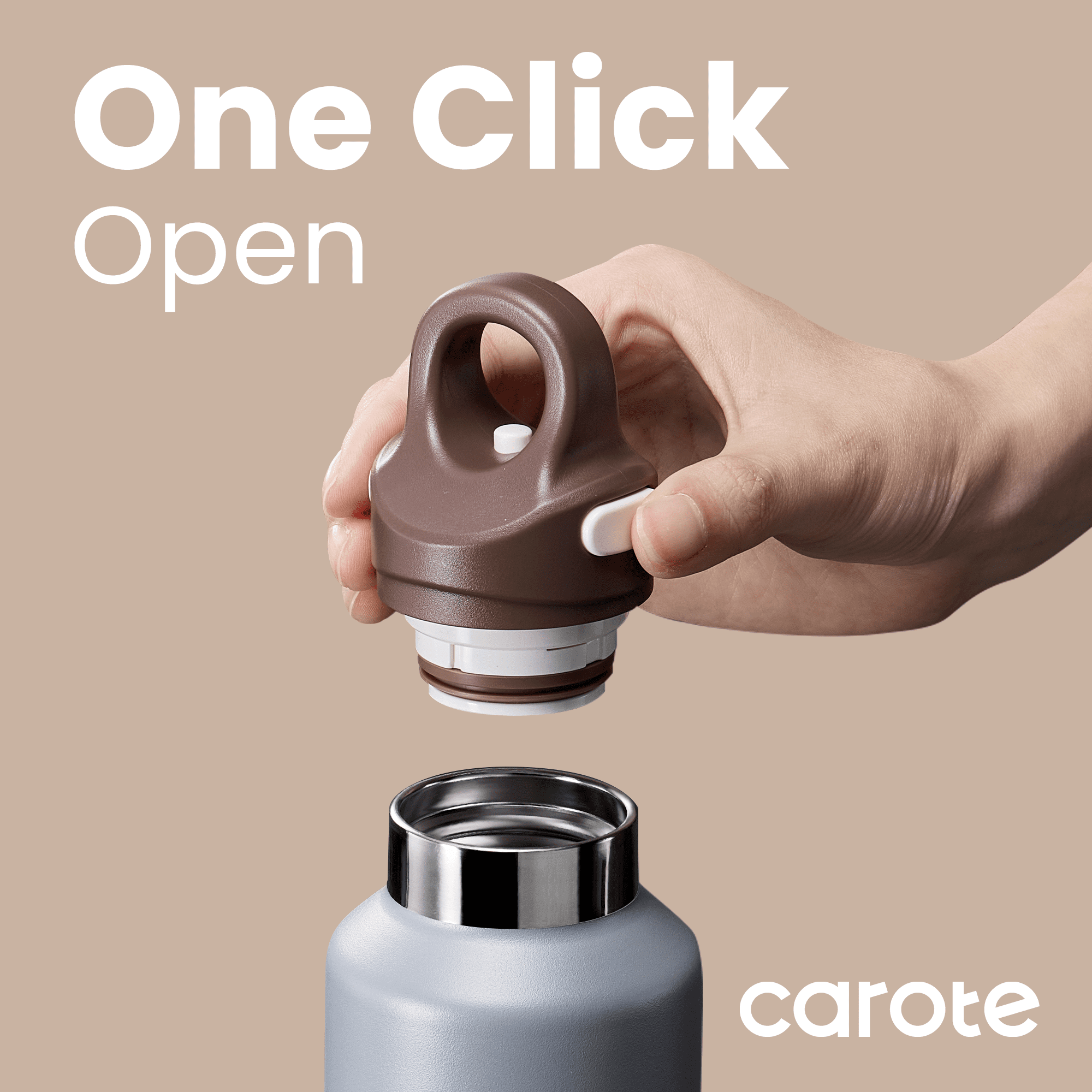 Carote 2-Pack One-Click-Open Insulated Stainless Steel Water Bottle Set, 20 fl oz, Gray & Brown