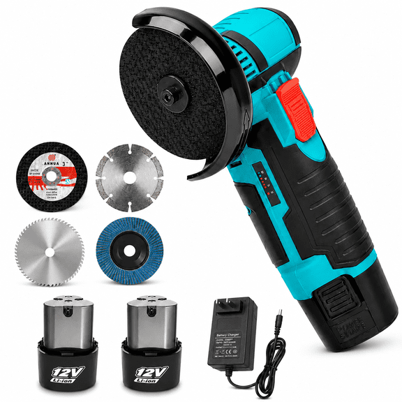 Focykou 12V Cordless Mini Angle Grinder Kit, Brushless, 19500 RPM, 2 Batteries, 4 Cutting Wheels