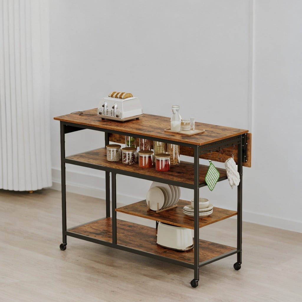 LEDREM Kitchen Island Cart with Drop Leaf & Power Strip - 47.2" Extendable Worktop, Adjustable Shelf, Locking Wheels, Rustic Brown and Black