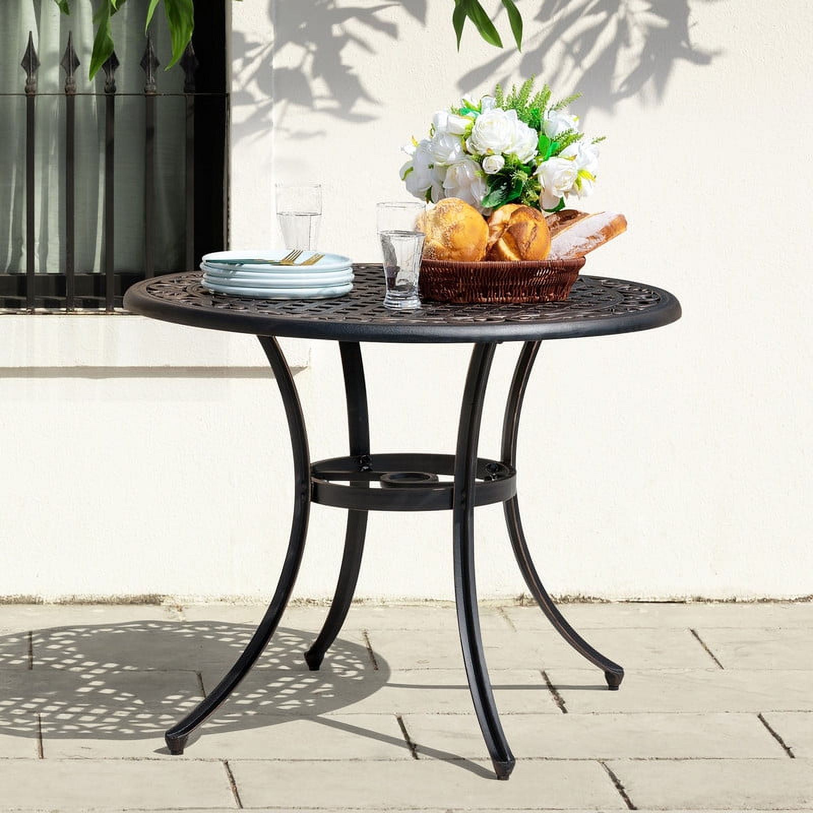 Nuu Garden 36" Cast Aluminum Outdoor Dining Table Round Patio Bistro Dining Table with Umbrella Hole,Black with Antique Bronze at The Edge - image 4 of 9