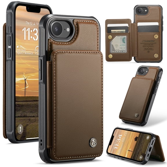 For iPhone 17 E Case with Card Holder, Wallet Flip Cover Case with RFID Blocking, Durable Leather Kickstand Magnetic Clasp Shockproof Phone Case for Women Men,Brown