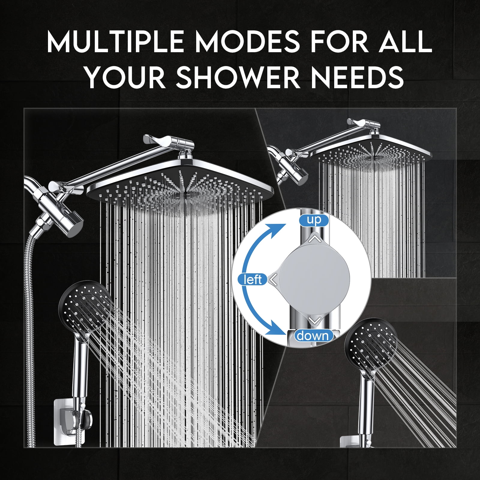 Ophanie 12 Inch High Pressure Rain Shower Head Combo with Adjustable Extension Arm - Wide Rainfall & 5 Spray Handheld Showerhead - Dual Anti-Clog Nozzles for Ultimate Shower Experience, Silver Chrome