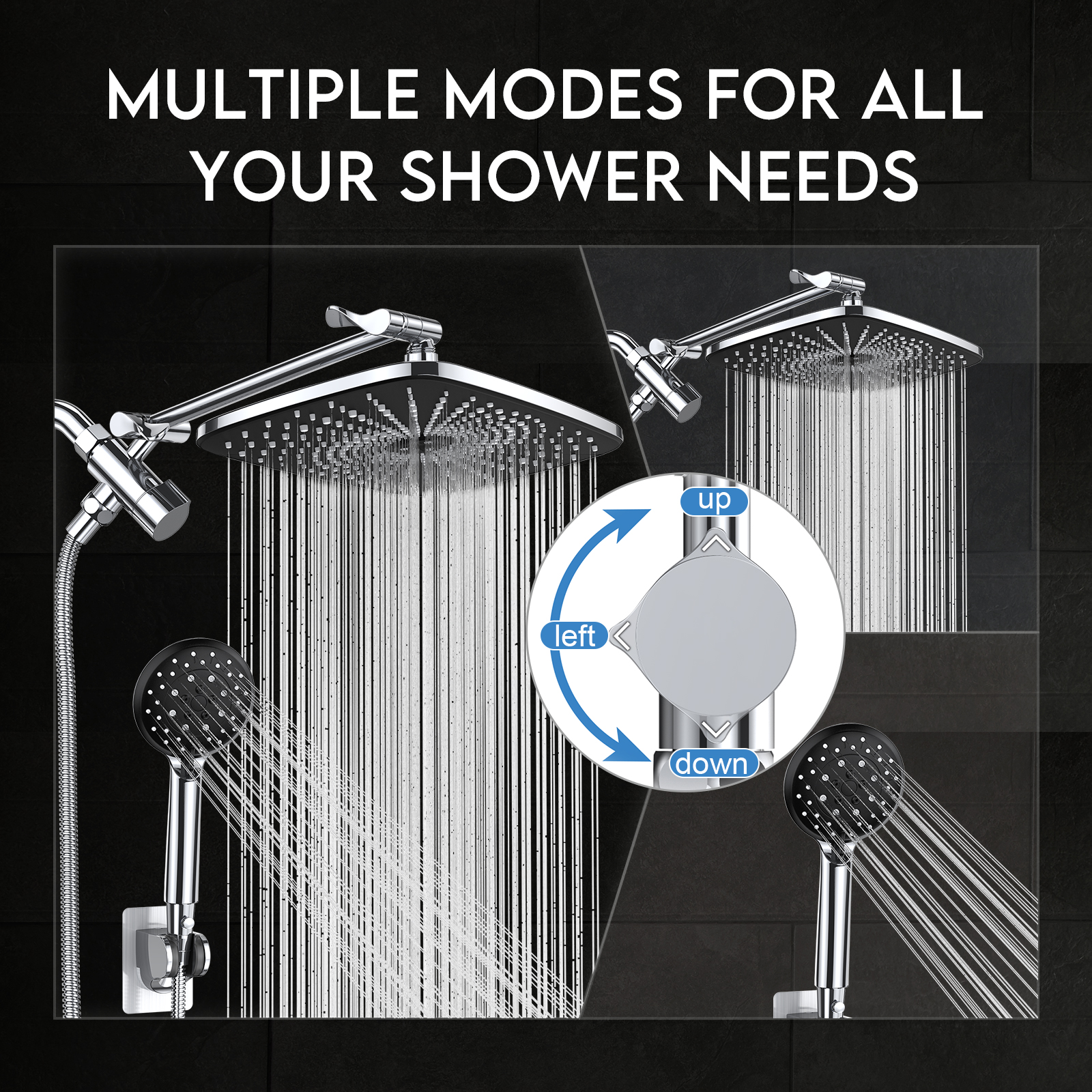 Ophanie 5-Setting High Pressure Shower Head, 12 inch Rain Shower Head with Handheld and Hose, Chrome - image 3 of 9