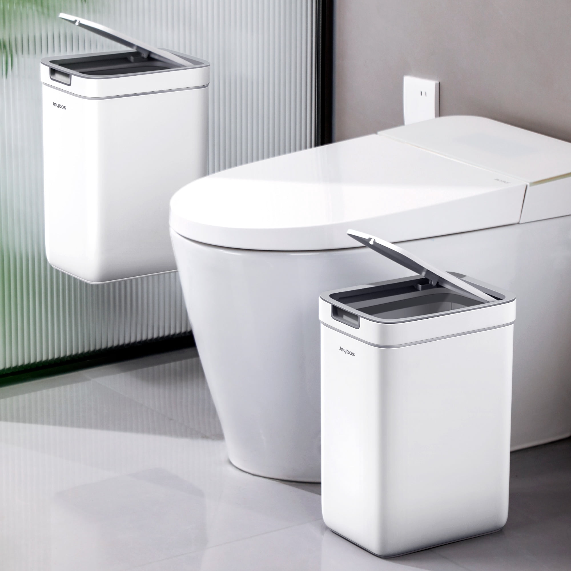 Joybos Bathroom Trash Can, 2 Pack (3.6 Gal and 2.4 Gal) Space Saver Wall-Hang Garage Can with Pop-up Lid for Household Use