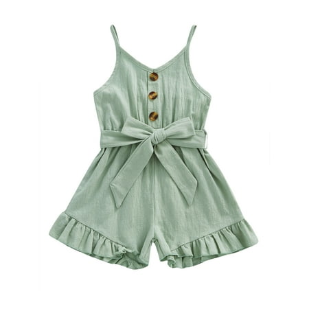 

TheFound Summer Lovely Kids Girls Jumpsuits Shorts 3 Color Sleeveless V Neck Single Breasted Solid Playsuits With Belt