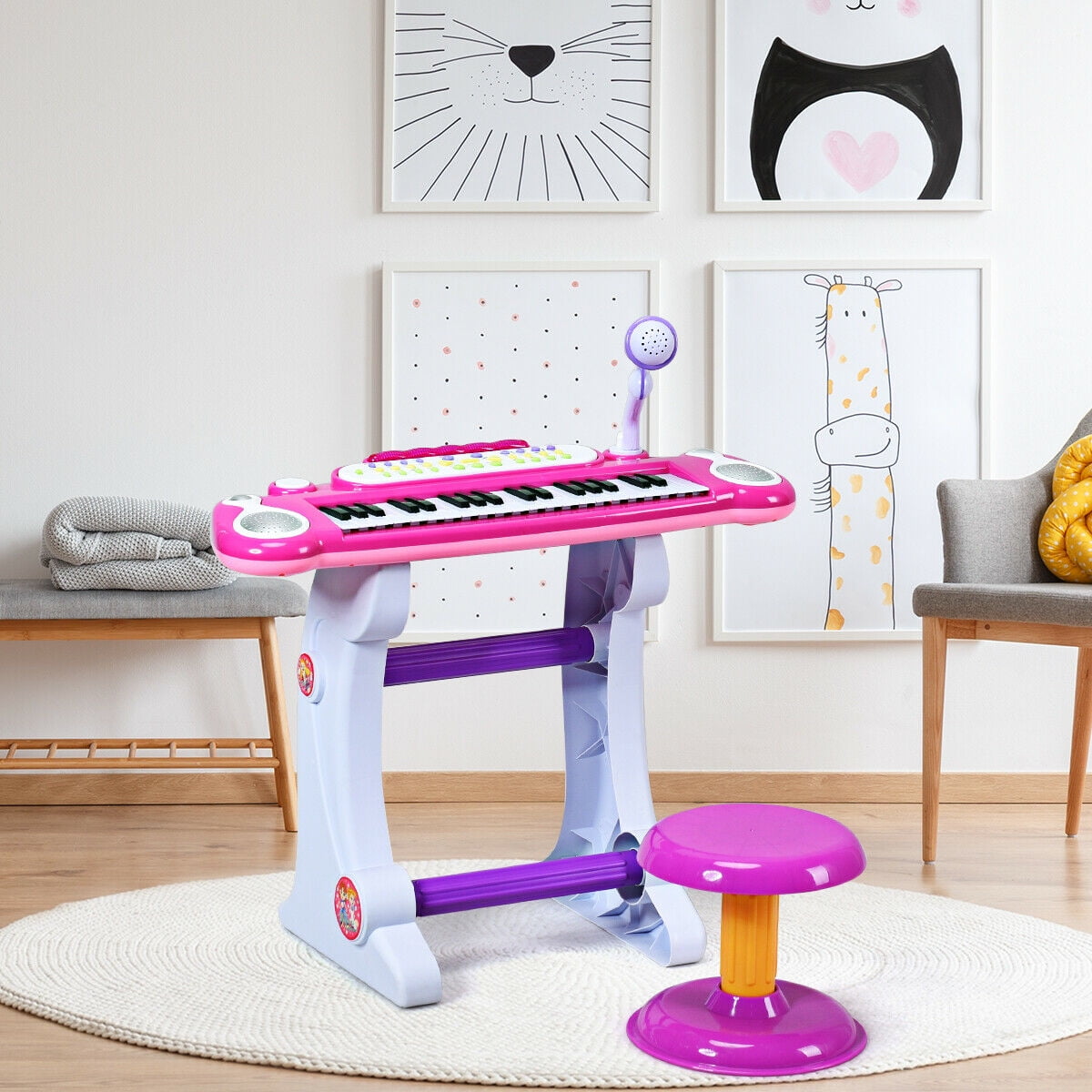 Costway 37 Key Electronic Keyboard Kids Toy Piano MP3 Input with Microphone and Stool Pink