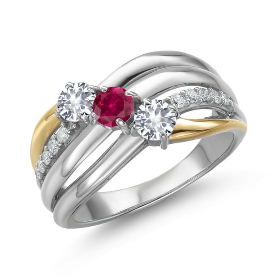 Gem Stone King 925 Silver and 10K Yellow Gold White Created Sapphire and Red Created Ruby and Lab Grown Diamond Engagement Ring for Women | 0.90 Cttw | Round 4MM | September Birthstone | Size 9