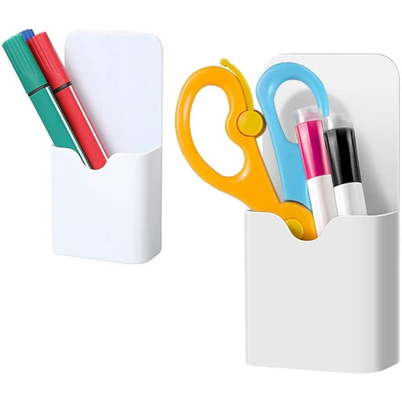 Magnetic Dry Erase Marker Holder,Pen and Eraser Holder for Whiteboard，Magnet Pencil Cup Utility Storage Organizer for Office , Refrigerator, Locker and Metal Cabinets (2 Pack White)