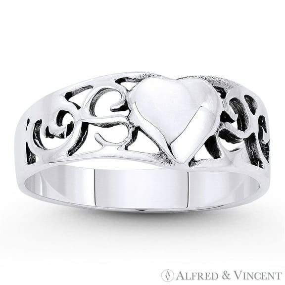 6.5mmx7mm Heart Charm & Filigree Curved Band in Oxidized .925 Sterling Silver