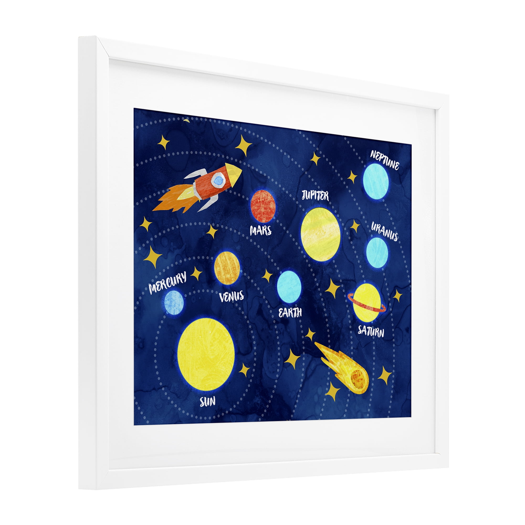 Rocket Across Solar System White Framed Print Under Glass, design by Daphne Polselli