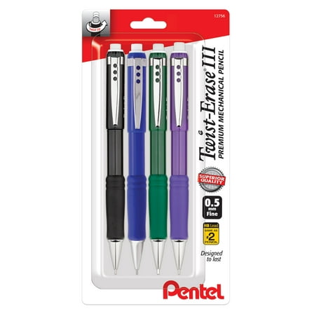 Pentel Twist Erase III Mechanical Pencil 0.5mm 4 Pack Assorted Barrels (1 each Black, Blue, Green, Violet)