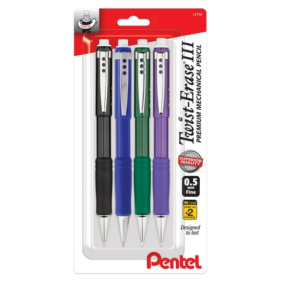 Pentel Twist Erase III Mechanical Pencil 0.5mm 4 Pack Assorted Barrels (1 each Black, Blue, Green, Violet)