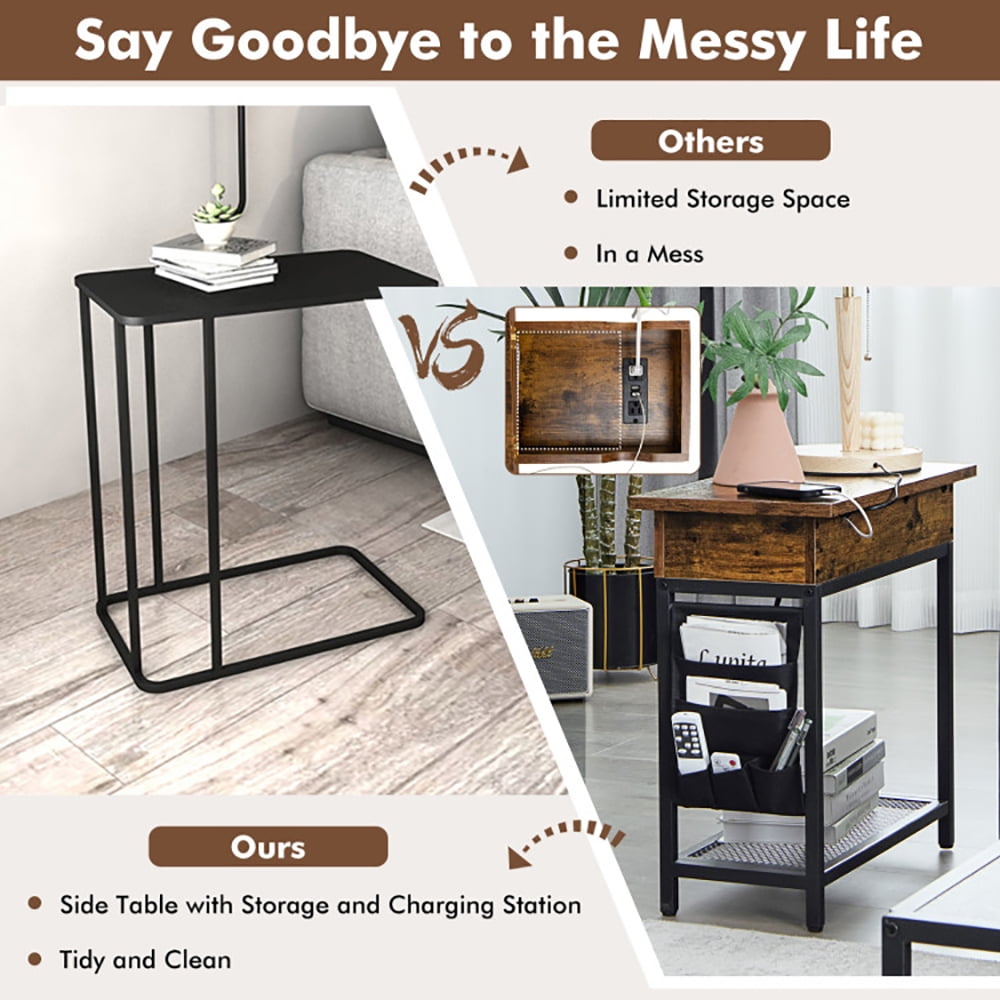 Finihen End Side Table, Industrial End Table with Charging Station and Flip Top, Sofa Side Table, Bed Side Table, for Living Room, Bedroom, Rustic Brown Finihen End Side Table, Industrial End Table with Charging Station and Flip Top, Sofa Side Table, Bed Side Table, for Living Room, Bedroom, Rustic Brown
