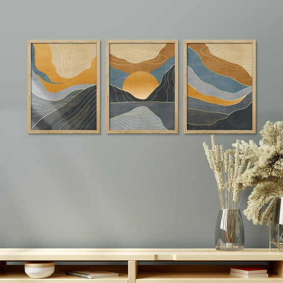 PixonSign Framed Canvas Print Wall Art Set - Abstract Terrain Geometric Landscape Poster Art - Set of 3 Nature Wilderness Colorful Mountain Prints Wall Décor for Living Room - 12"x16" Natural