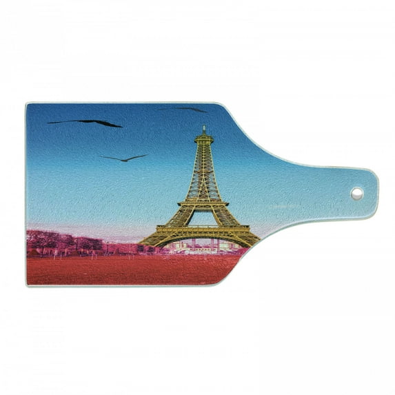Paris Cutting Board, Abstract Colored Grass Trees Eiffel Tower Flying Seagulls and Open Blue Sky, Decorative Tempered Glass Cutting and Serving Board, in 3 Sizes, by Ambesonne