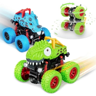 Ficcug 2 Pack Friction Powered Car Toys,Dinosaur Monster Pull Back Trucks for Kids 3-5,Stunt 360° Spin Off-Road Inertia Vehicle for 1 2 3 4 5  Year Old Boys Girls Toddler Gifts