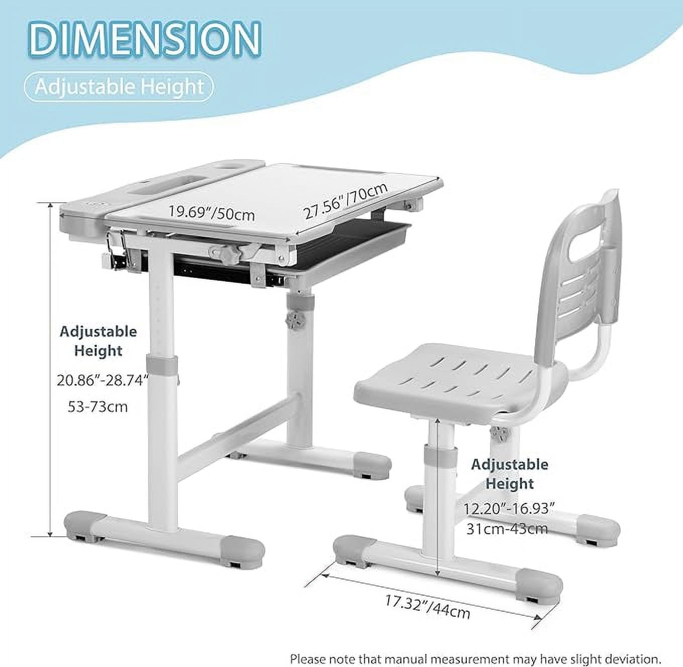 Kids Desk and Chair Set Height Adjustable School Study Desk and Chair with 55° Tiltable Desktop, 3 Modes&3 Brightness LED Lamps, Storage Drawer and Metal Hook for Boys Girls, Grey