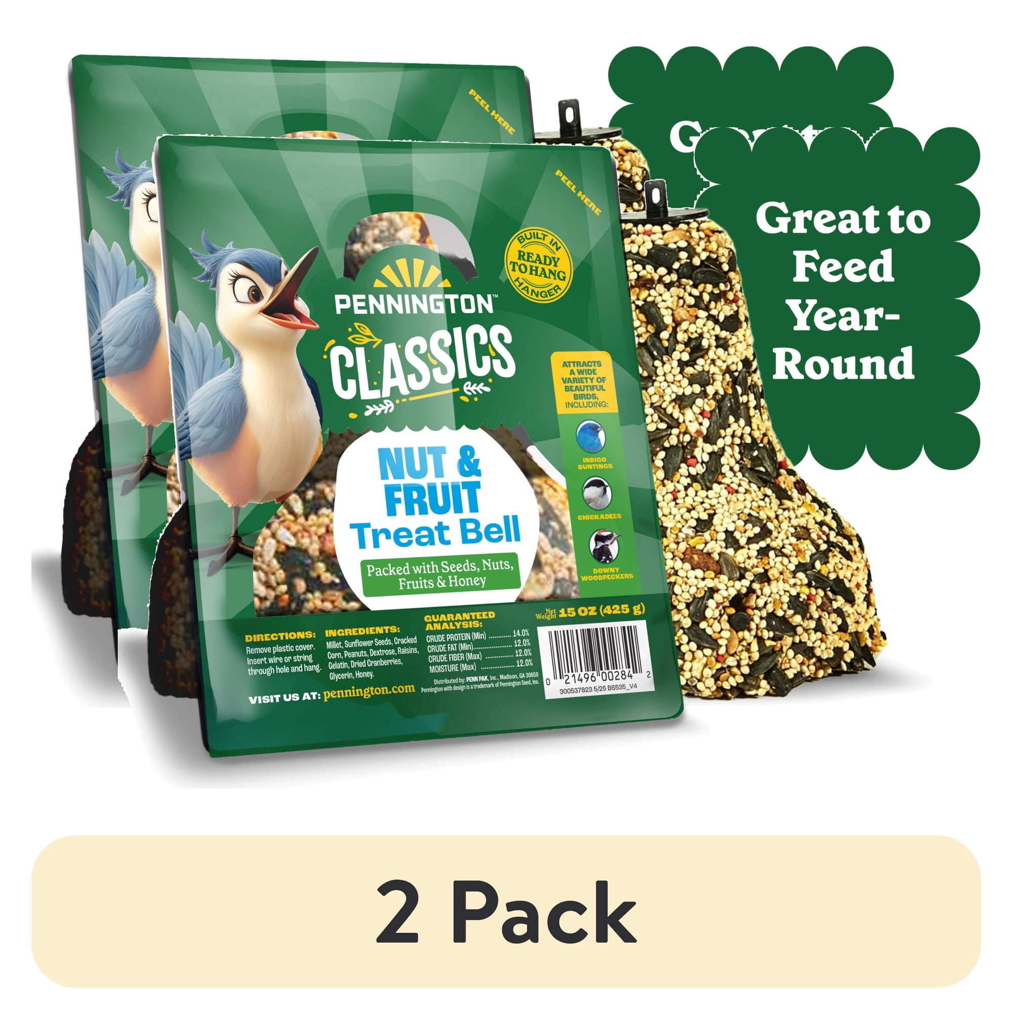 (2 pack) Pennington Nut and Fruit Treat Bell, Wild Bird Feed and Bird Seeds, 15 oz., Dry, 1 Pack