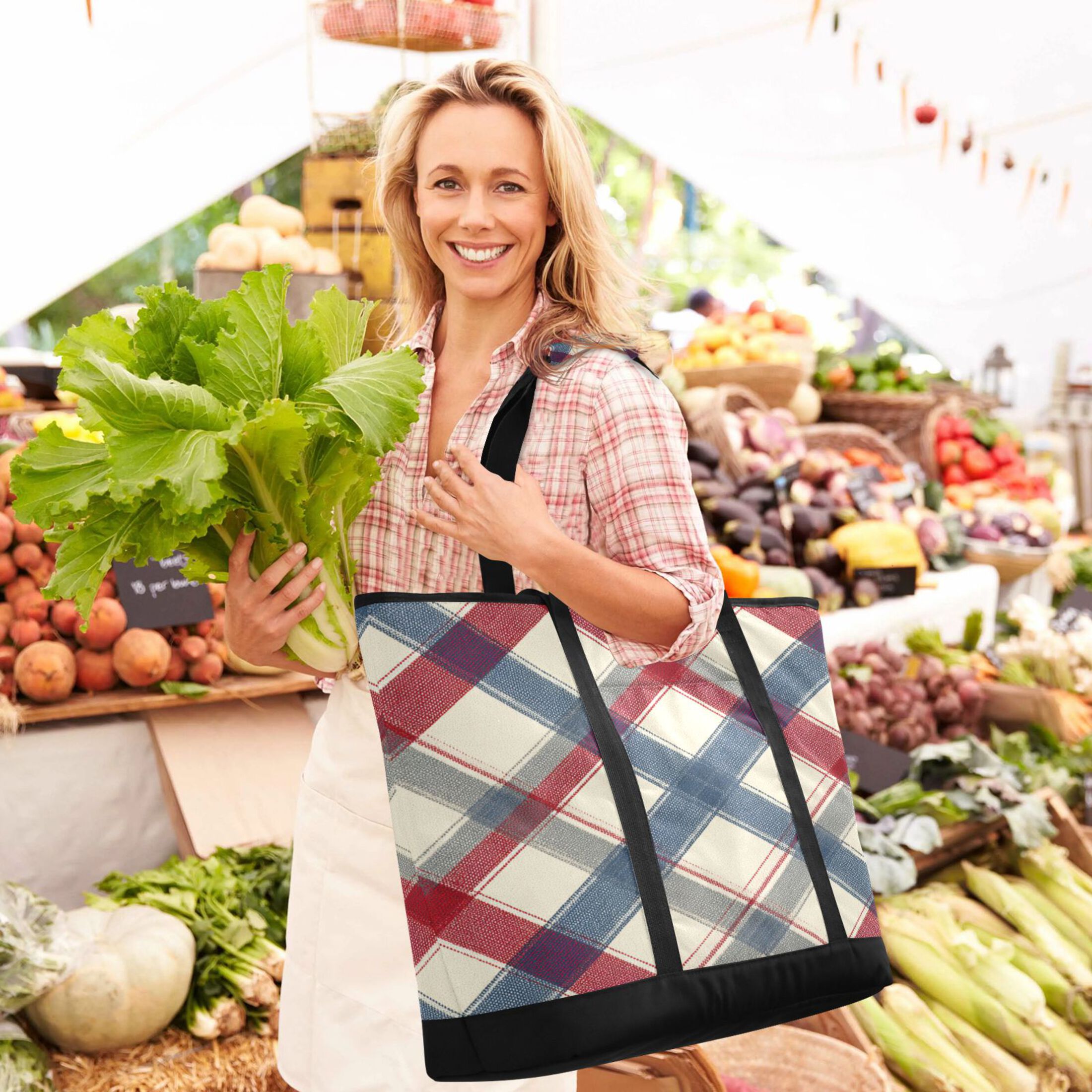 Extra-Large Wide Opening Design Capacity Hand-Held Ice Pack Thickened Insulation Layer For Long-Lasting Cold Retention For Outdoor Shopping Picnics And Camping Red-blue Diagonal Lines