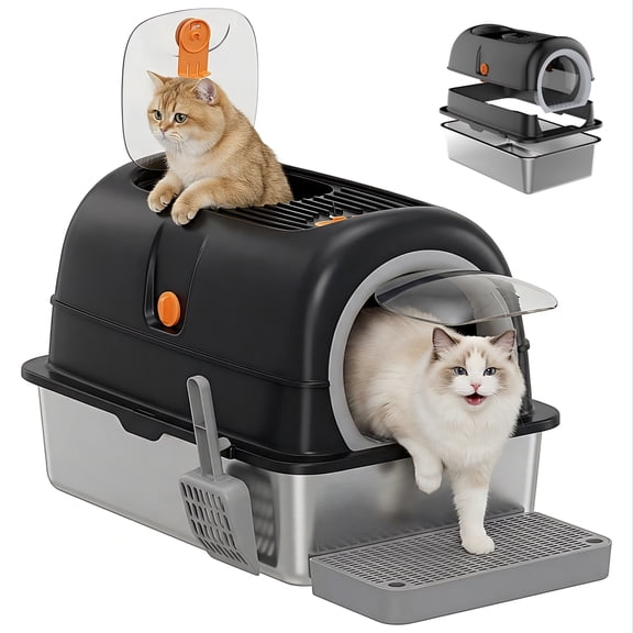 SHOUFTW Stainless Steel Enclosed Cat Litter Box, 23.62″×15.75″×15.75″Cat Litter Pan, 3 Modes & Double Entrance, Black
